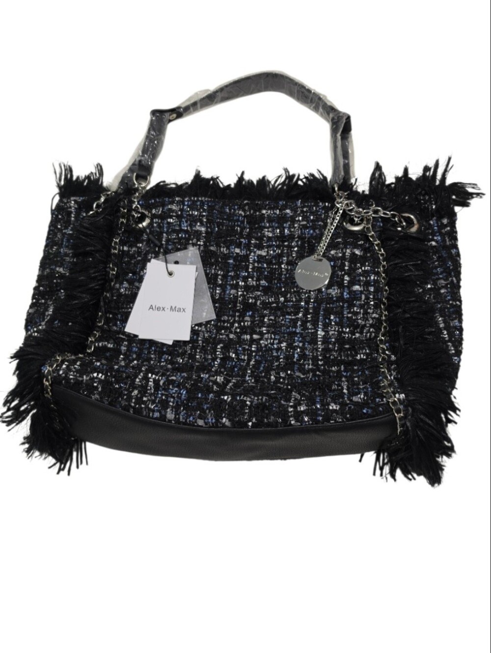Alex Max Woven Modern Bag Black/Blue Tweed Fringe Tote Style BO1601/A